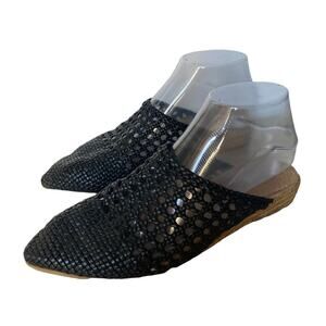 Black Woven Mules size EU 37 Point Toe Flats Leather Sole Slides